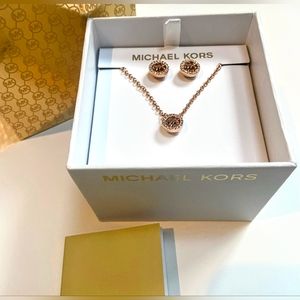 NWT Michael Kors Rose Gold Logo Necklace & Earrings Set